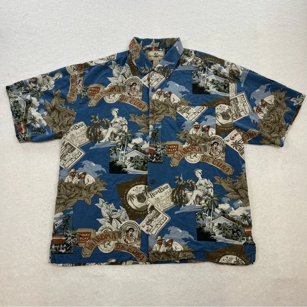 Seven Palm Brand Hawaiian Mens Shirt Silk Blue Short Sleeve Button Down Size XL